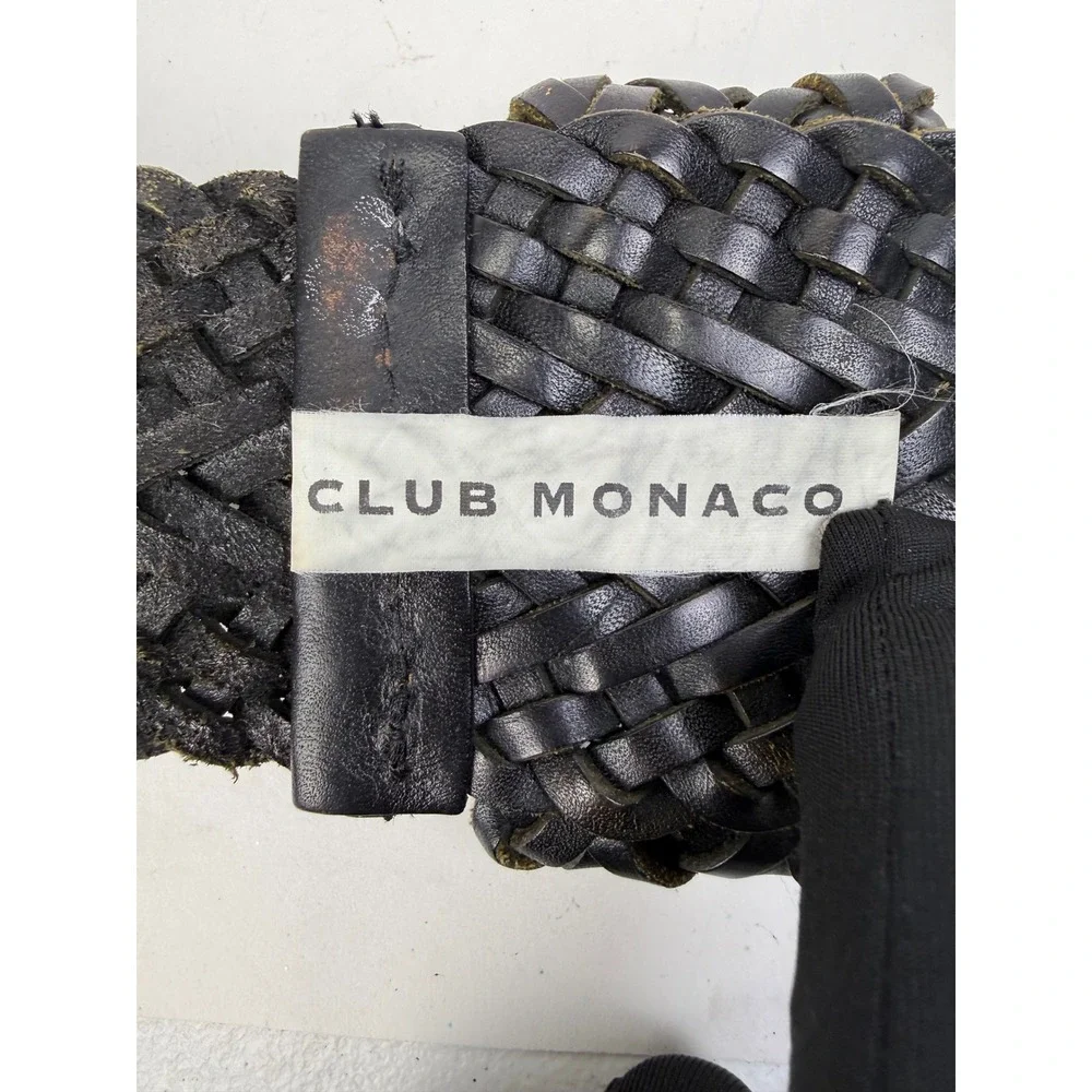 Club Monaco Dark Black Braided Leather Belt Wide Brass Rope Buckle VTG
